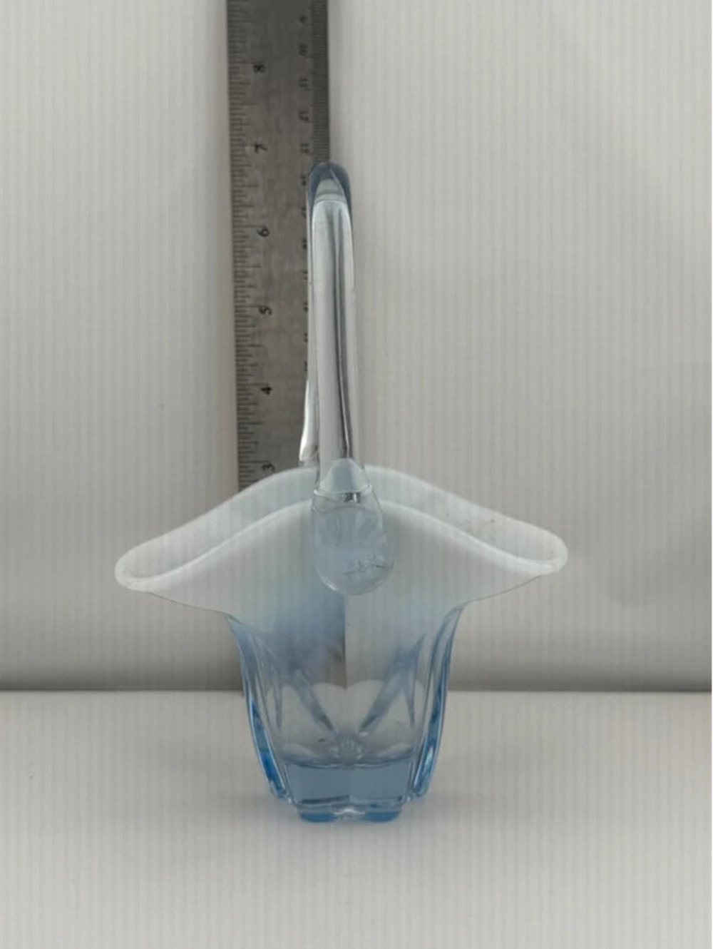 Vintage Blue Art Glass Basket Applied Handle Flared Winged Rim Hand Blown